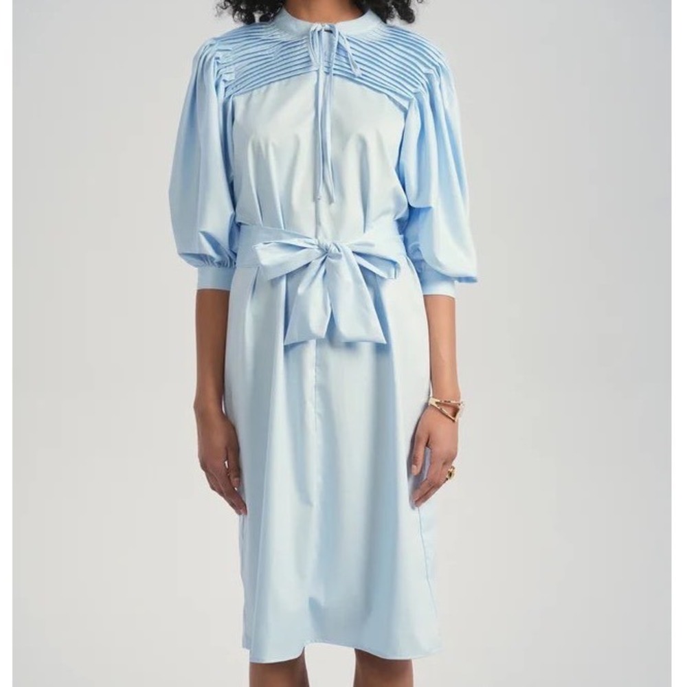Aleeza Paris Light Blue‎ Pleated Yoke Tie Neck Puff Sleeve Midi Dress XL New
